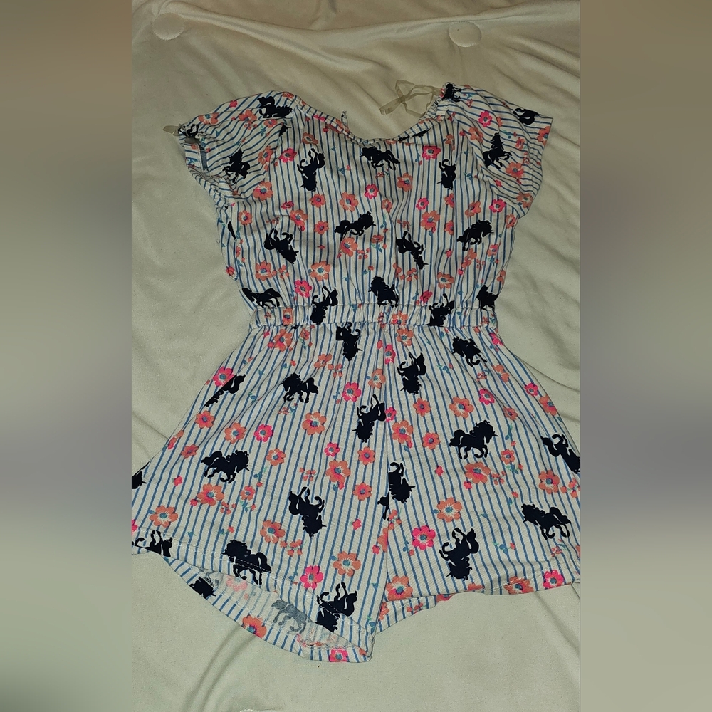 Striped Floral Unicorn Print Romper One Step Up 7 8